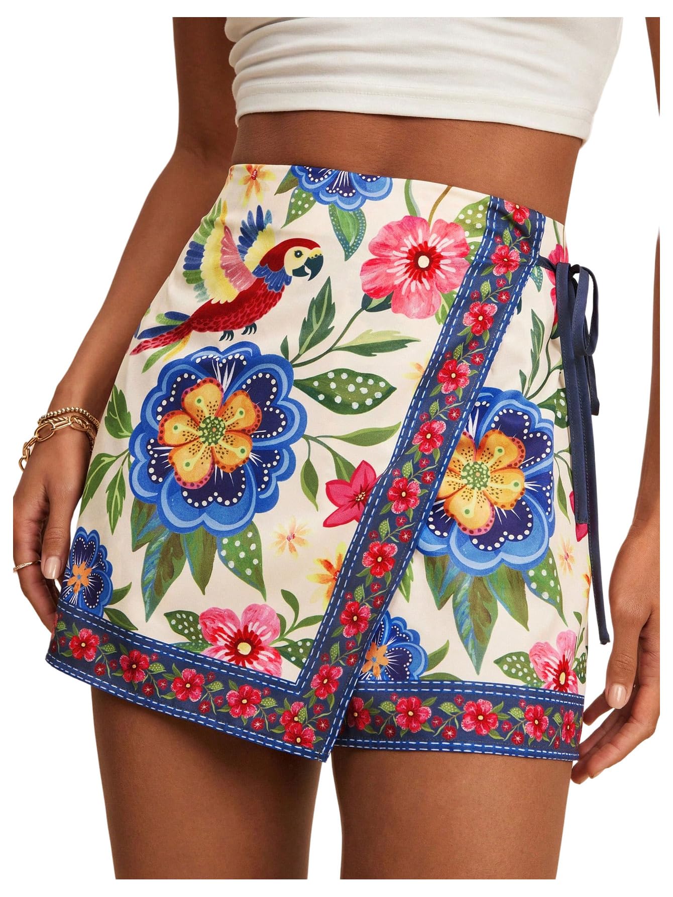 Sweatyrocks Women's Boho Mini Skirts Floral Shorts Tie Side Wrap Elastic Waist Summer Skorts Beach Vacation Outfits