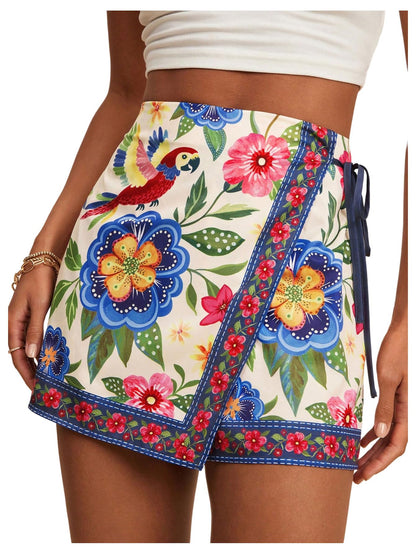 Sweatyrocks Women's Boho Mini Skirts Floral Shorts Tie Side Wrap Elastic Waist Summer Skorts Beach Vacation Outfits