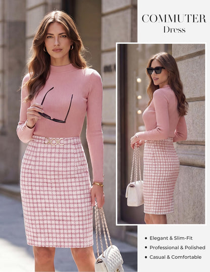 GRACE KARIN Women Long Sleeve Work Business Pencil Tweed Dress
