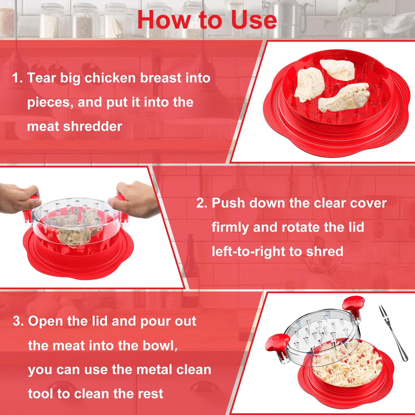 SURETIVIAN Chicken Shredder Tool Twist Large Chicken Breast Shredder with Brush&Fork, Visible Meat Shredder Machine, Anti-Slip Strip, Ergonomic Handle, BPA Free, Pork Beef Chicken(Hot Pink)