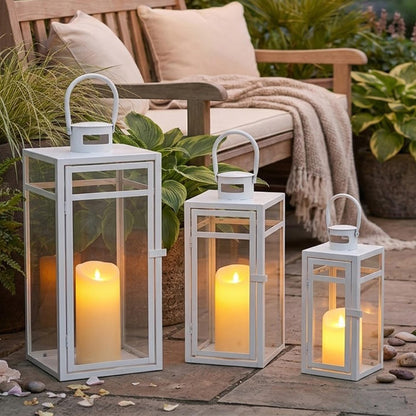 TRIROCKS Set of 3 Stainless Steel Candle Lantern 19/15/12'' High Metal Candle Holder with Tempered Glass Panels Perfect for Home Decor Living Room Parties Events Tabletop Indoors Outdoors (Rose Gold)