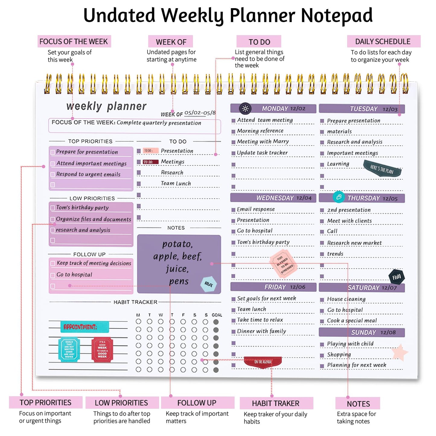 Thboxes Weekly Desk Planner, 8.5x11 In To Do List Notepad, 52 Sheets, Pink | Productivity Organizer, Work from Home Essentials, Undated Tear Off Pages, Office, College, School, Student and Teacher Gifts