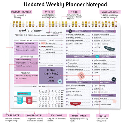 Thboxes Weekly Desk Planner, 8.5x11 In To Do List Notepad, 52 Sheets, Pink | Productivity Organizer, Work from Home Essentials, Undated Tear Off Pages, Office, College, School, Student and Teacher Gifts