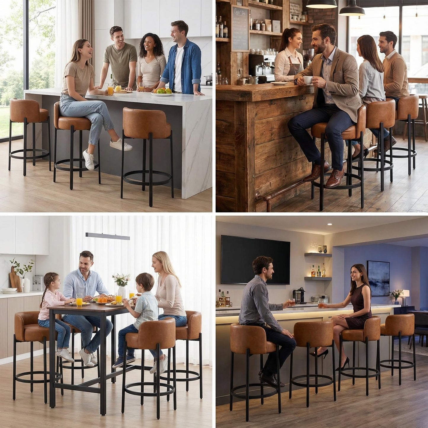 LukeAlon Mid Century Linen Counter Stools Set of 4, Upholstered 26.5” Seat Height Low Barstools with Natural Wood Legs Round Low Back Kitchen Stools with Footrest for Dining Room, Beige