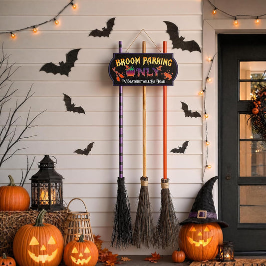 Elamas Halloween Decorations Light-Up Broom Parking Only Sign with 3 Witch Brooms, Violators Will Be Toad Funny Witch for Indoor Wall Outdoor Front Porch Yard Party Decor or Home Office Living Room