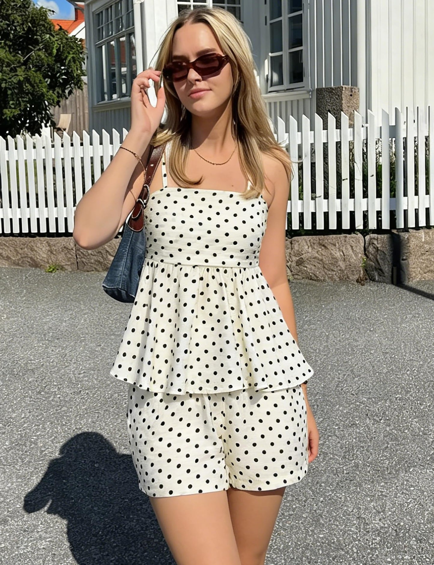 FOMELY Women's Polka Dot 2 Piece Short Set with Pockets