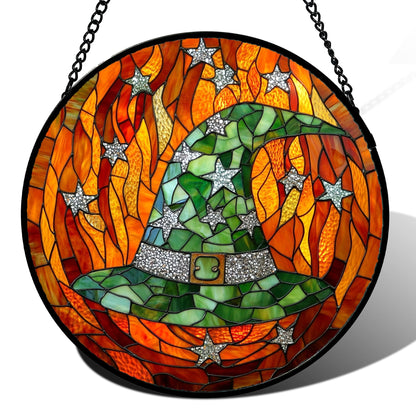 Stained Glass Window Hanging, Halloween Decorations Evil Pumpkin Suncatcher for Doors Garden Indoor Spooky Funny Orange Sun Catchers Gothic Decor Horror Gifts for Women Men Friend 15 in