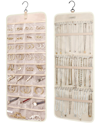 BAGSMART Hanging Jewelry Organizer Storage Roll with Hanger Metal Hooks Double-Sided Jewelry Holder for Earrings, Necklaces, Rings on Closet, Wall, Door, 1 piece, Medium, Pink
