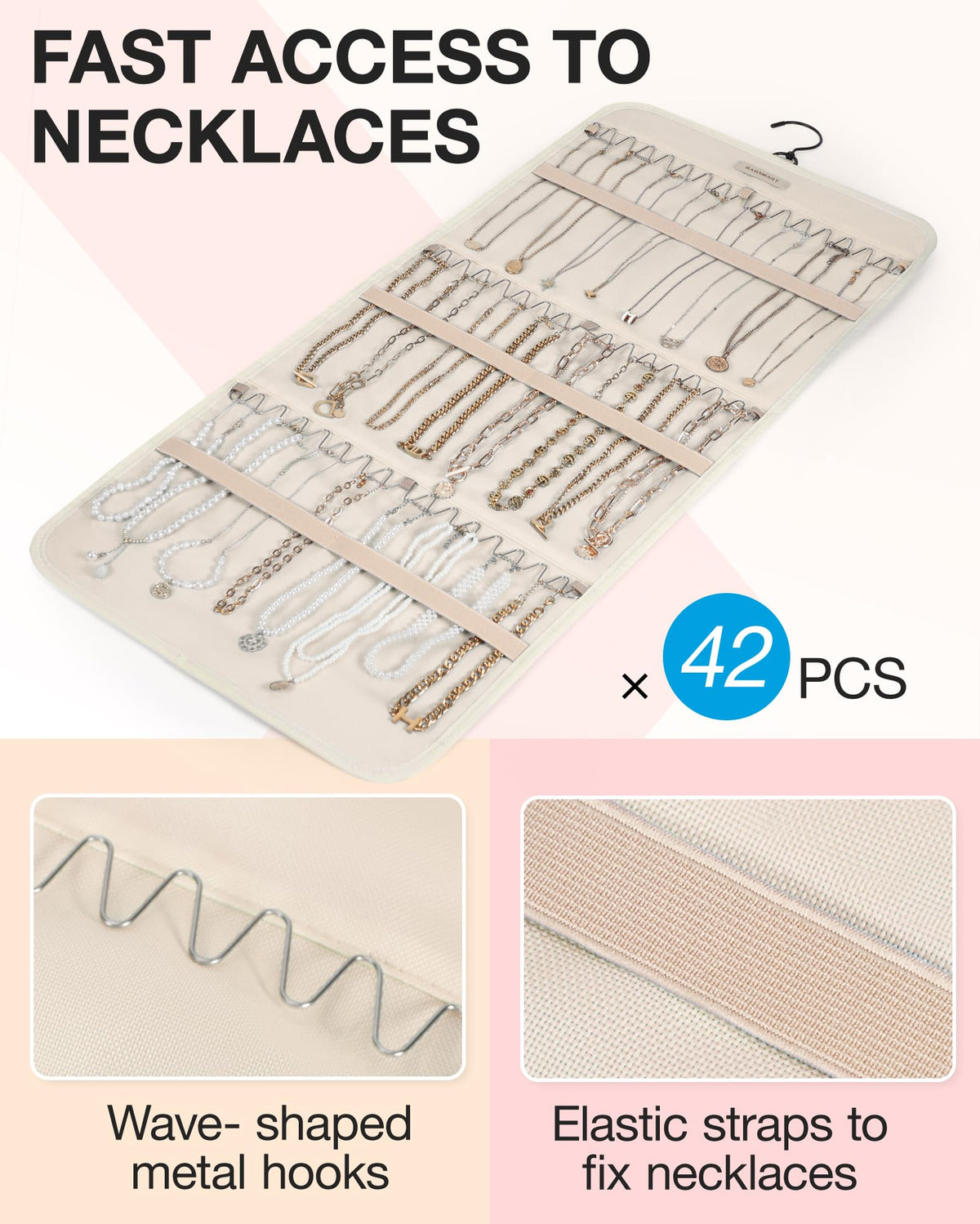 BAGSMART Hanging Jewelry Organizer Storage Roll with Hanger Metal Hooks Double-Sided Jewelry Holder for Earrings, Necklaces, Rings on Closet, Wall, Door, 1 piece, Medium, Pink