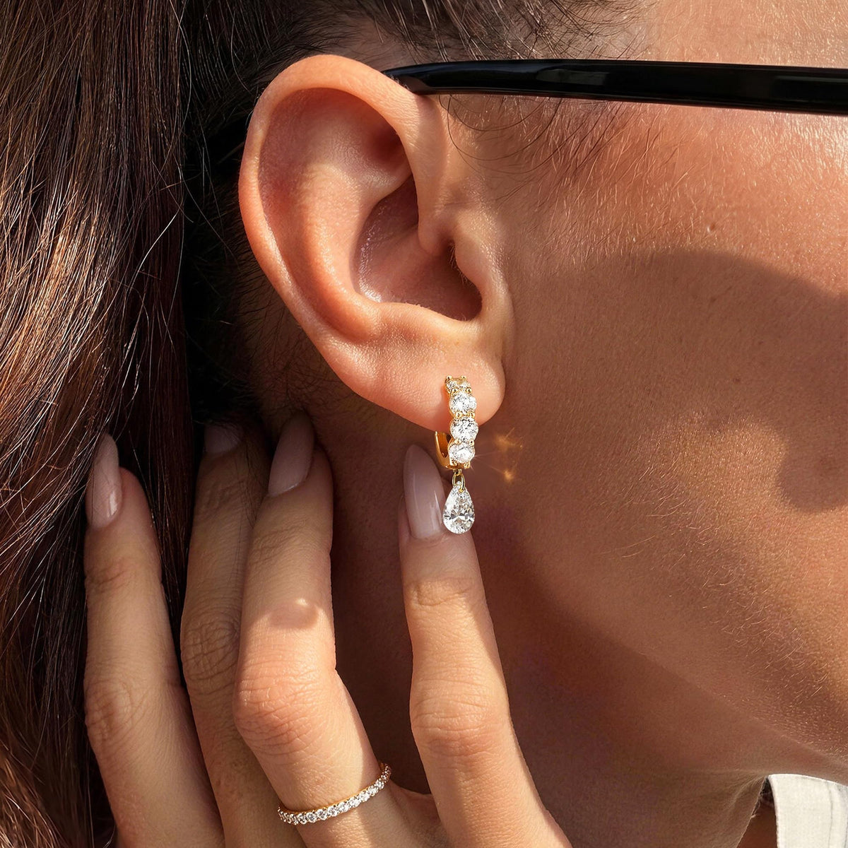 ASHINE Diamond Look Pear Huggie Earrings, 14K Gold Plated CZ Drops