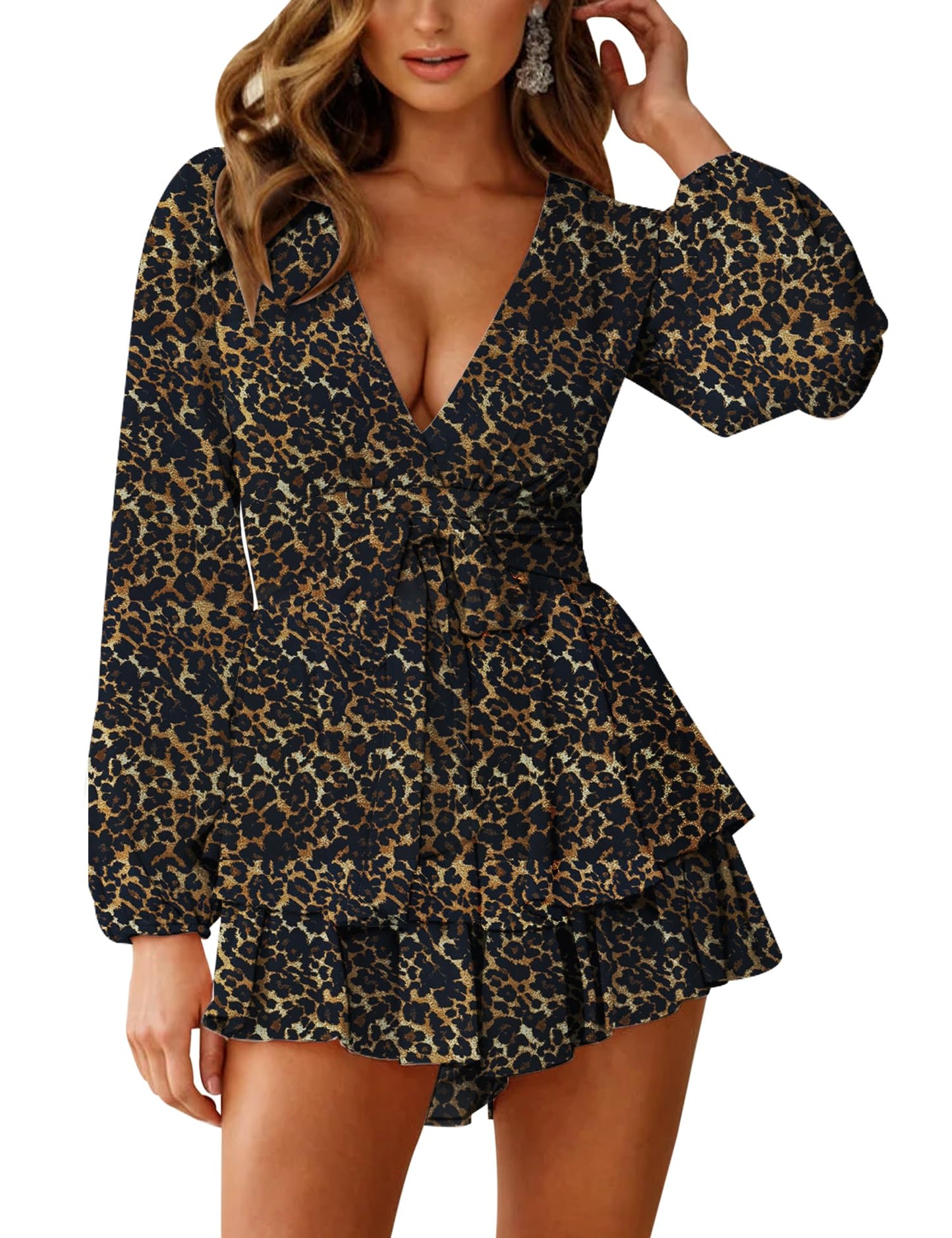 AIMCOO Women's Floral Print Deep V-Neck Romper Double Layer Ruffle Hem Jumpsuits Long Baggy Sleeves Waist Tie Short Rompers