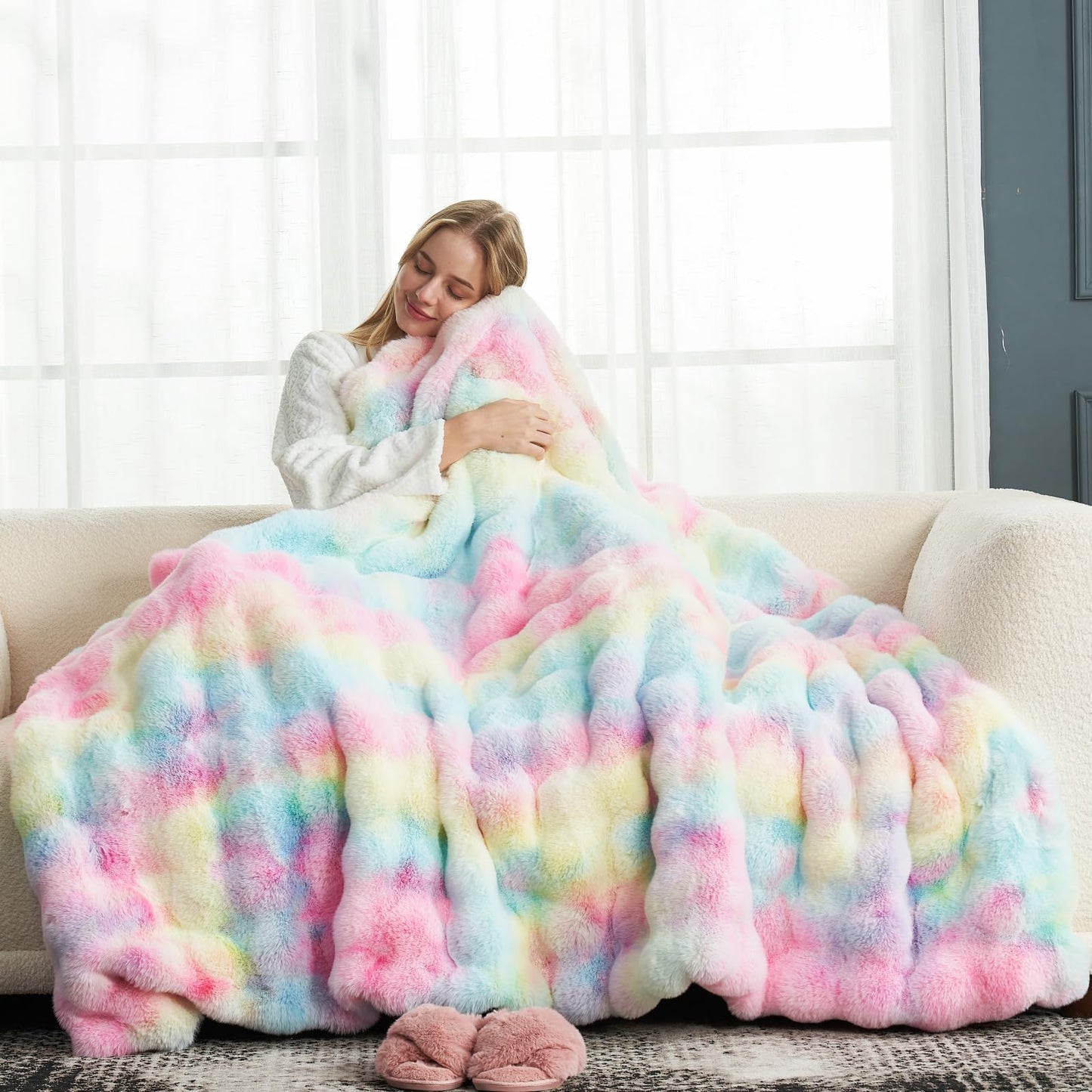 Cozy Bliss Faux Fur Throw Blanket for Couch, Fuzzy Soft Plush Thick Bubble Blanket for Sofa Bedroom Living Room, 50 * 60 Inches Tie Dye Pink
