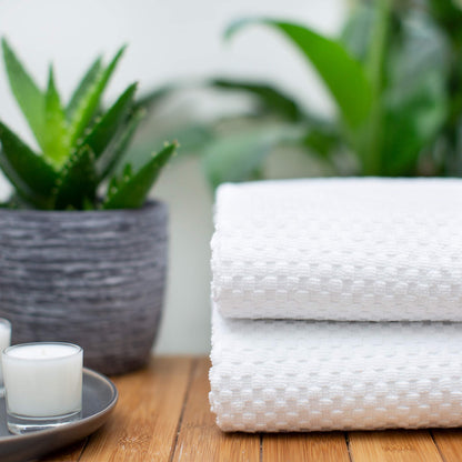 COTTON CRAFT- Euro Spa Set of 4 Luxury Waffle Weave Bath Towels, Oversized Pure Ringspun Cotton, 30 inch x 56 inch, White