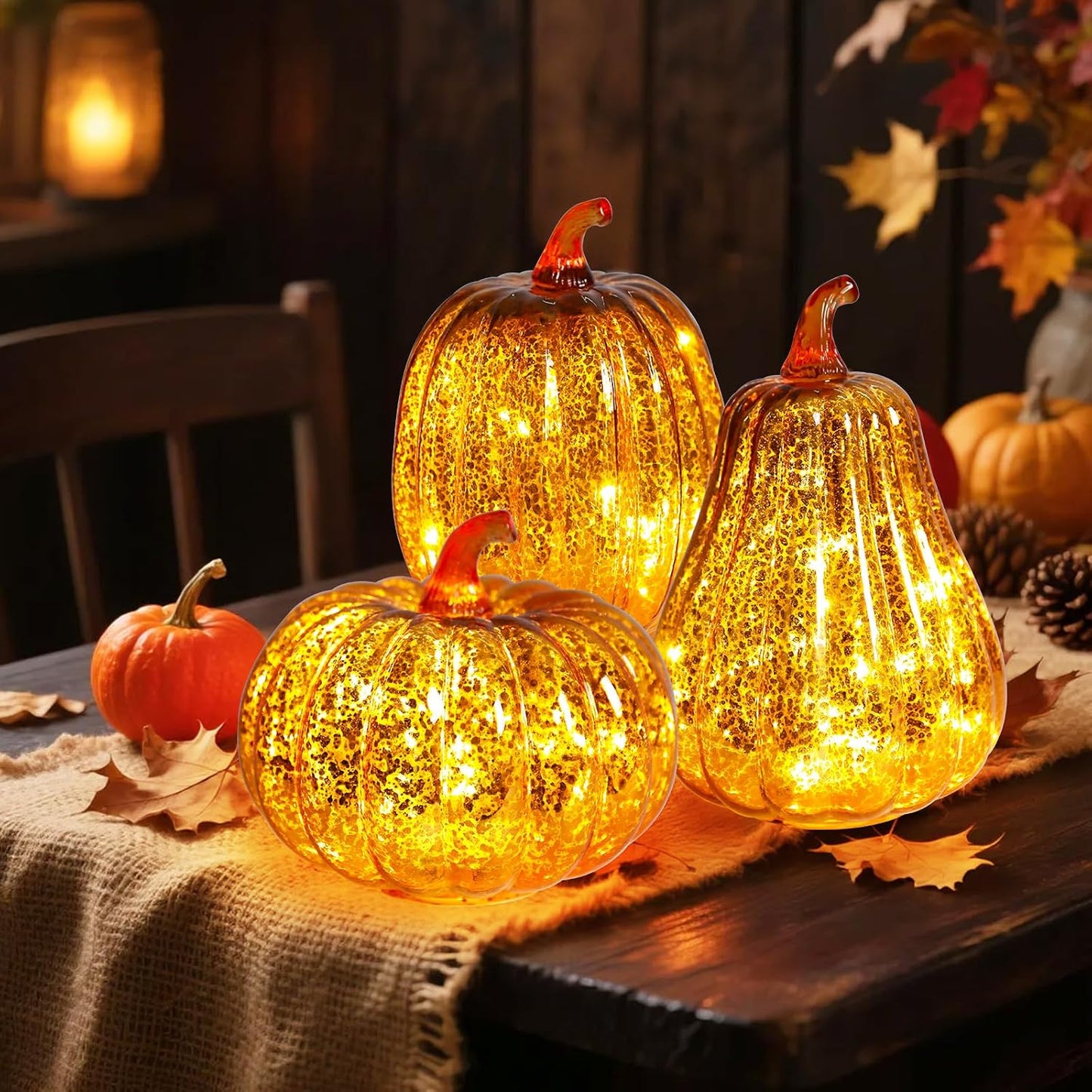 Mercury Glass Pumpkin Lights with Timer, Fall Pumpkins Lamps Tabletop Centerpiece Decorations Autumn Thanksgiving Home Halloween Decor, 3PCS
