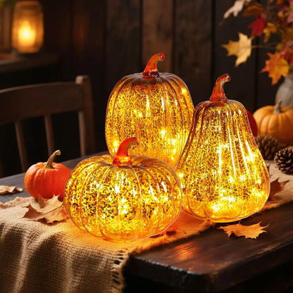 Mercury Glass Pumpkin Lights with Timer, Fall Pumpkins Lamps Tabletop Centerpiece Decorations Autumn Thanksgiving Home Halloween Decor, 3PCS