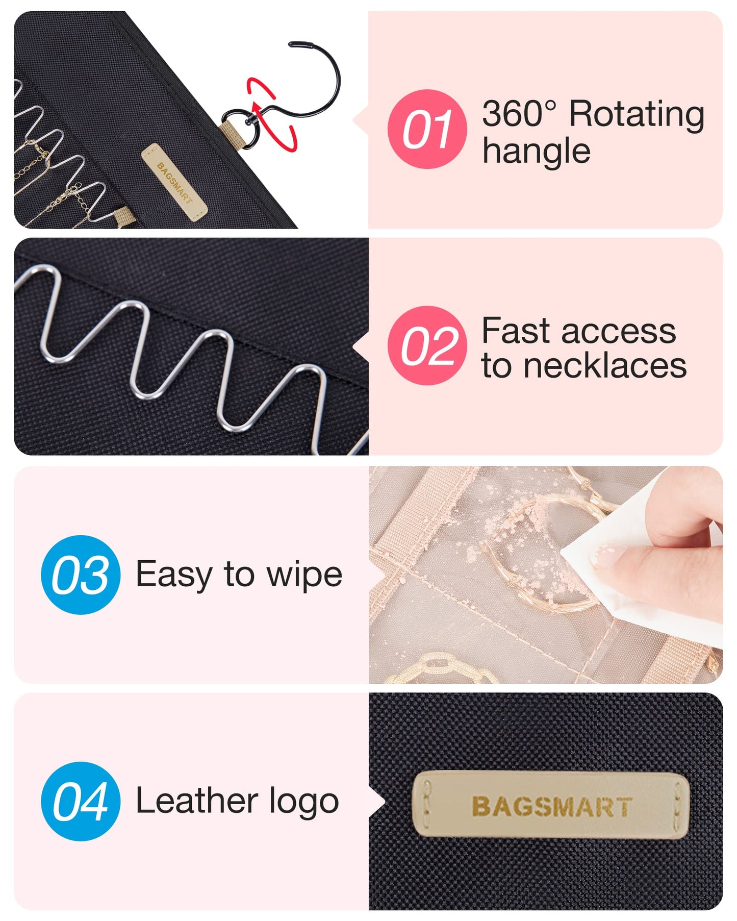 BAGSMART Hanging Jewelry Organizer Storage Roll with Hanger Metal Hooks Double-Sided Jewelry Holder for Earrings, Necklaces, Rings on Closet, Wall, Door, 1 piece, Medium, Pink