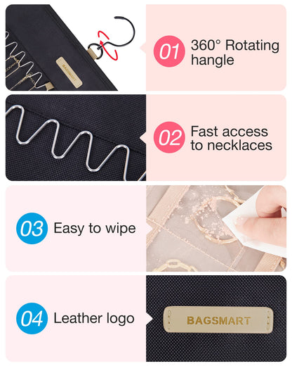 BAGSMART Hanging Jewelry Organizer Storage Roll with Hanger Metal Hooks Double-Sided Jewelry Holder for Earrings, Necklaces, Rings on Closet, Wall, Door, 1 piece, Medium, Pink
