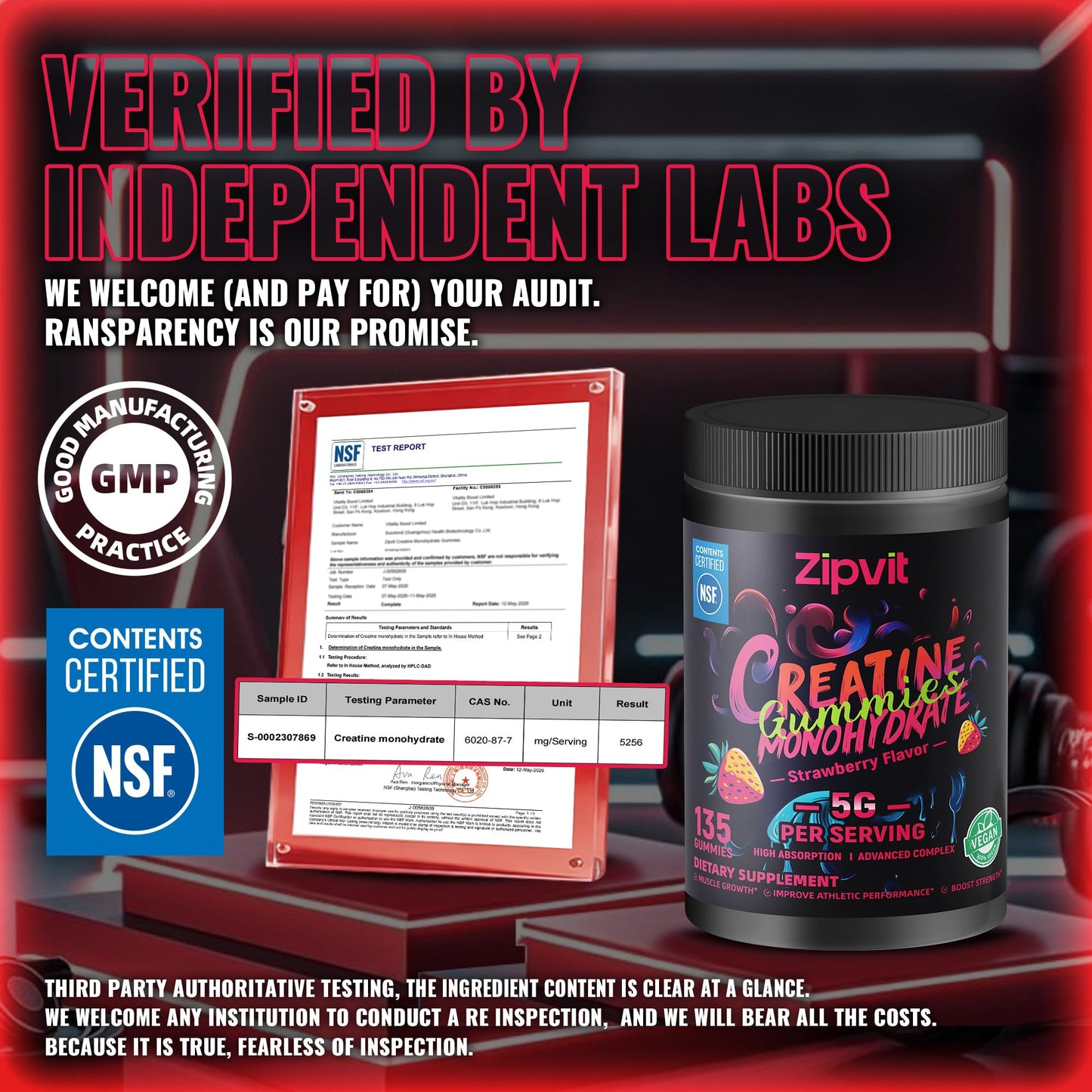 Creatine Monohydrate Gummies, NSF Certified Creatine Gummy, 5g Dose for Men & Women to Support Muscle, Strength, Recovery, Cognitive Health & Memory, Pineapple Flavor, 135 Gummies