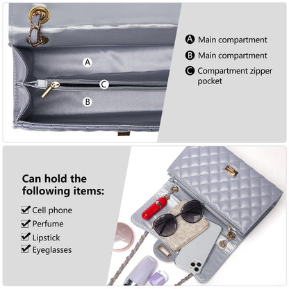 Quilted Leather Crossbody Bags for Women Trendy Ladies Shoulder Purse Satchel HandBag with Chain Strap
