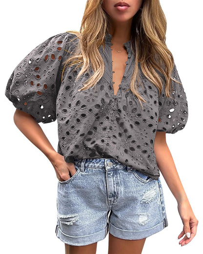 PRETTYGARDEN Womens Tops Boho Eyelet Puff Sleeve Blouse