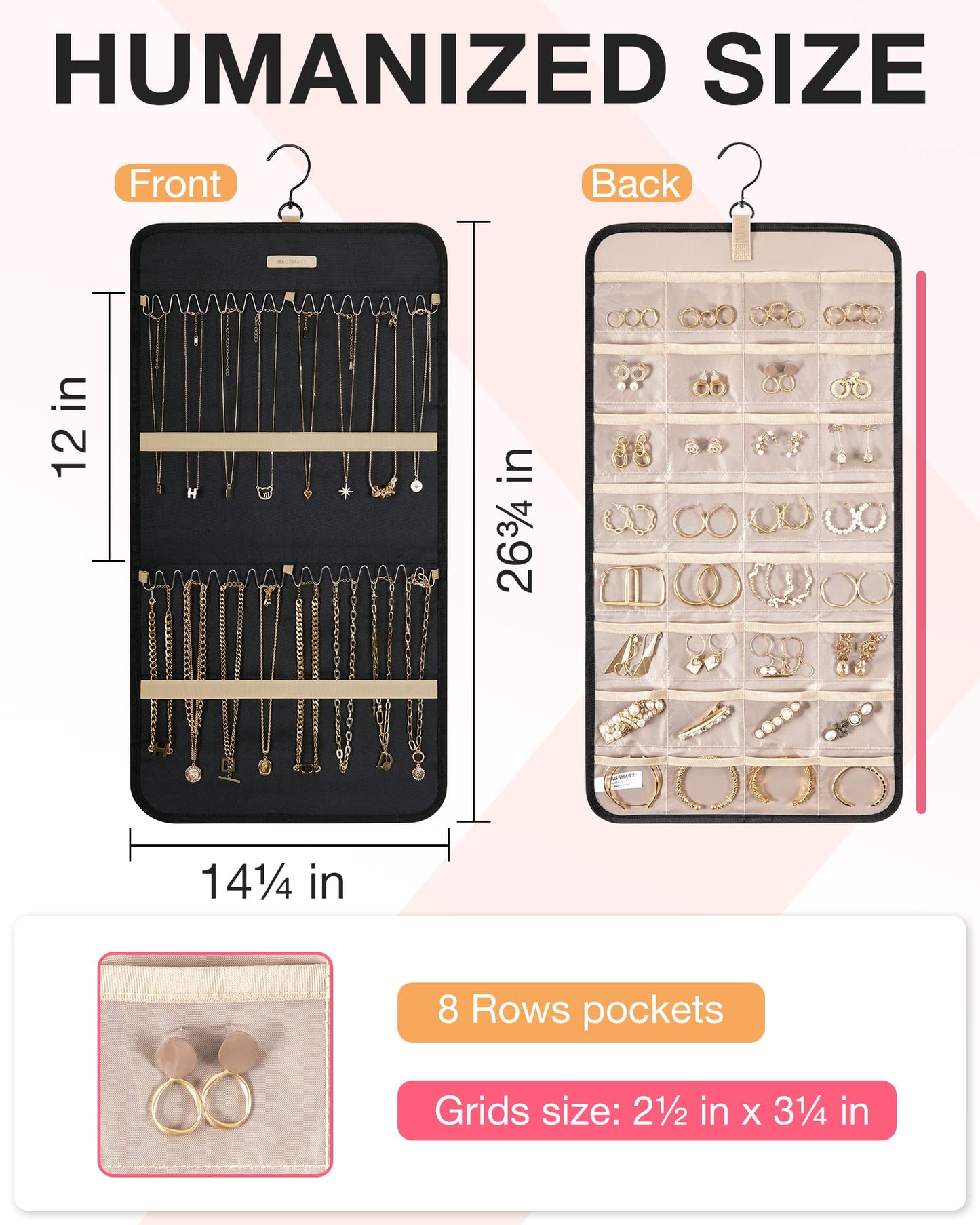BAGSMART Hanging Jewelry Organizer Storage Roll with Hanger Metal Hooks Double-Sided Jewelry Holder for Earrings, Necklaces, Rings on Closet, Wall, Door, 1 piece, Medium, Pink
