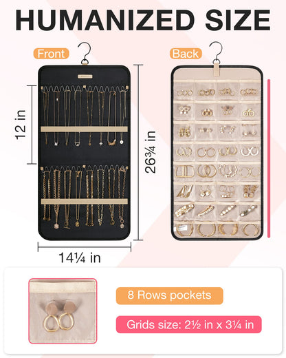 BAGSMART Hanging Jewelry Organizer Storage Roll with Hanger Metal Hooks Double-Sided Jewelry Holder for Earrings, Necklaces, Rings on Closet, Wall, Door, 1 piece, Medium, Pink