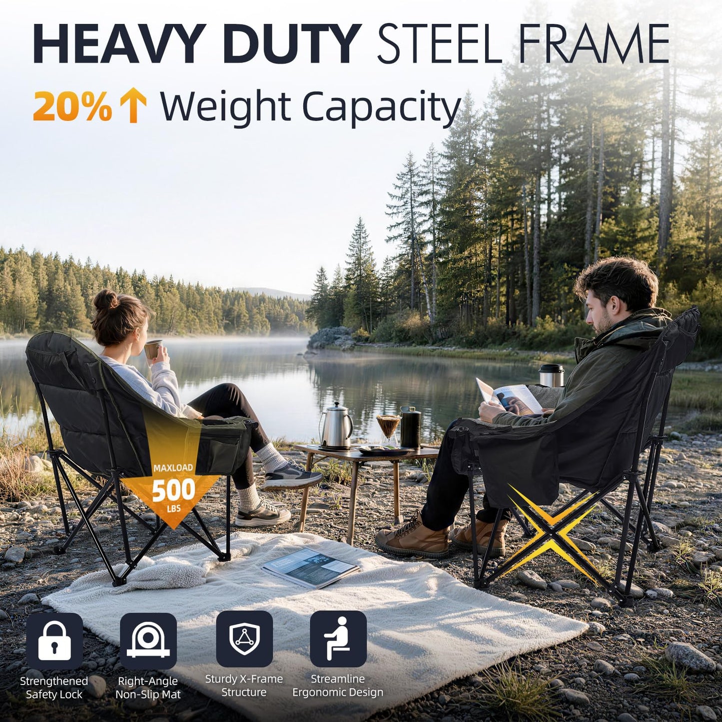 Oversized Camping Chairs for Adults - Heavy Duty Padded Outdoor Camp Chair