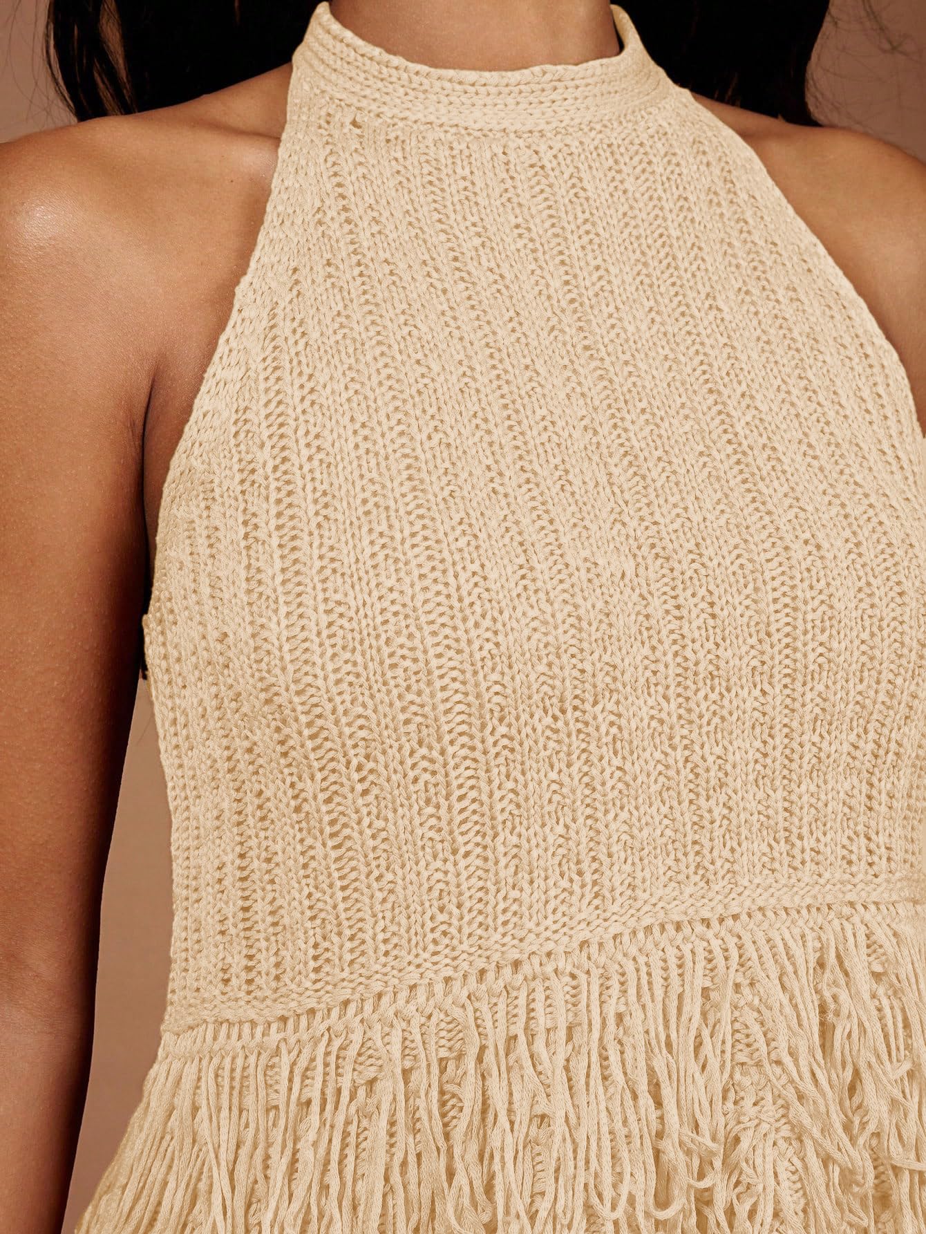 SweatyRocks Women's Boho Fringe Halter Tops Sleeveless Open Back Summer Knit Crochet Tank Top