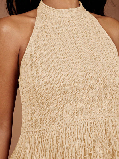 SweatyRocks Women's Boho Fringe Halter Tops Sleeveless Open Back Summer Knit Crochet Tank Top