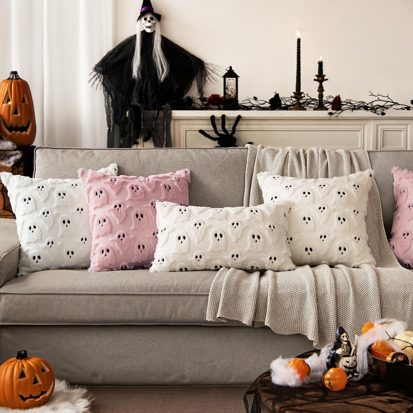 MIULEE Cute Ghost Halloween Pillow Covers 20x20 Inch Set of 2 White | Soft Plush Faux Fur Throw Pillows Spooky Fall Decorative Cushion Covers for Couch Sofa Bed Porch Living Room
