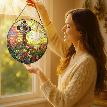8-Inch Jesus with Cardinals Suncatcher Ornament, Stained Glass Window Hanging & Religious Christmas Ornament, Christian Window Decor — Memorial Gift, Christian Gifts for Her, Religious Gifts