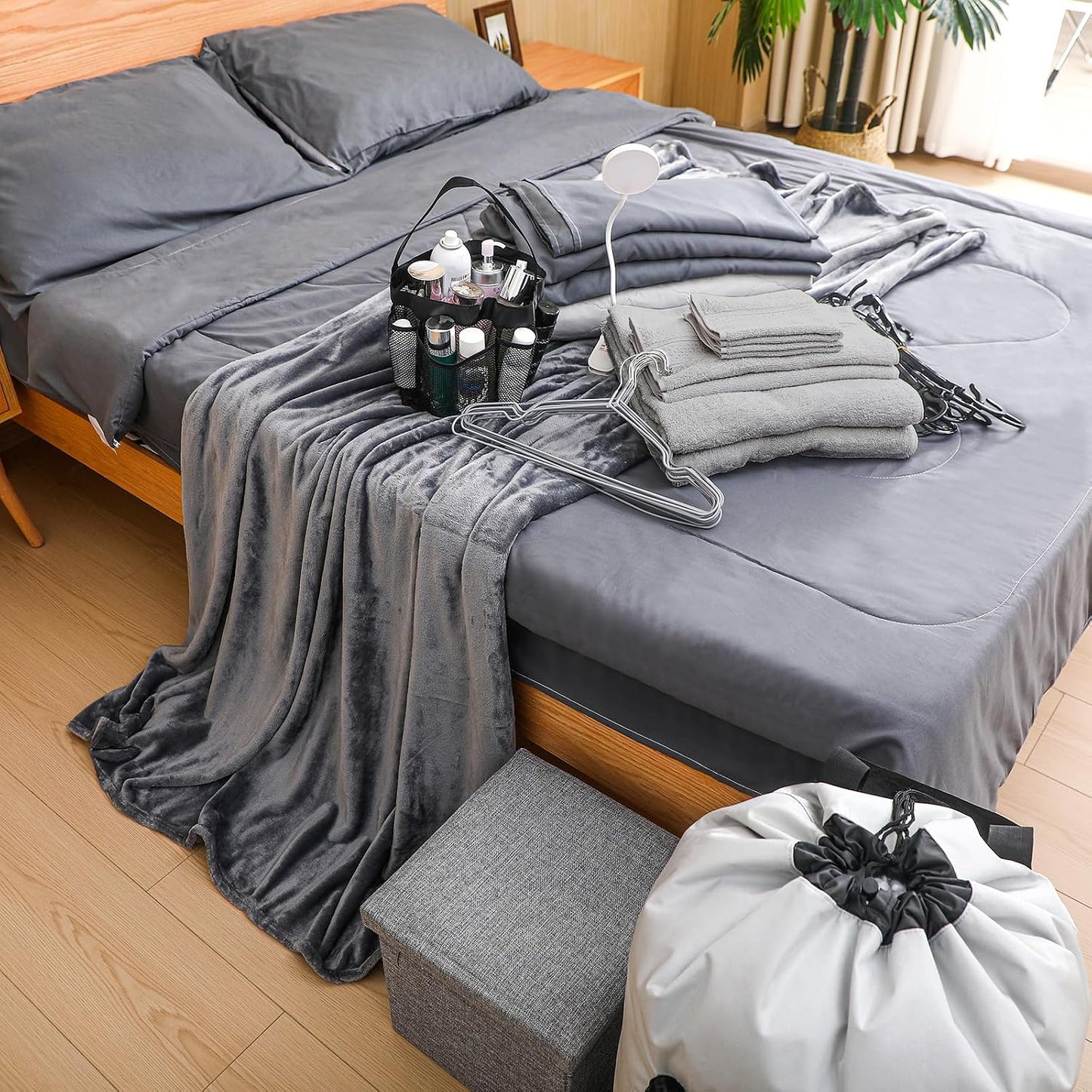 42 Pcs College Dorm Essentials Set Twin XL Bedding Bundle Bedding Bathroom and Storage Supplies Totally Complete for Guys College Dorm School, Gray