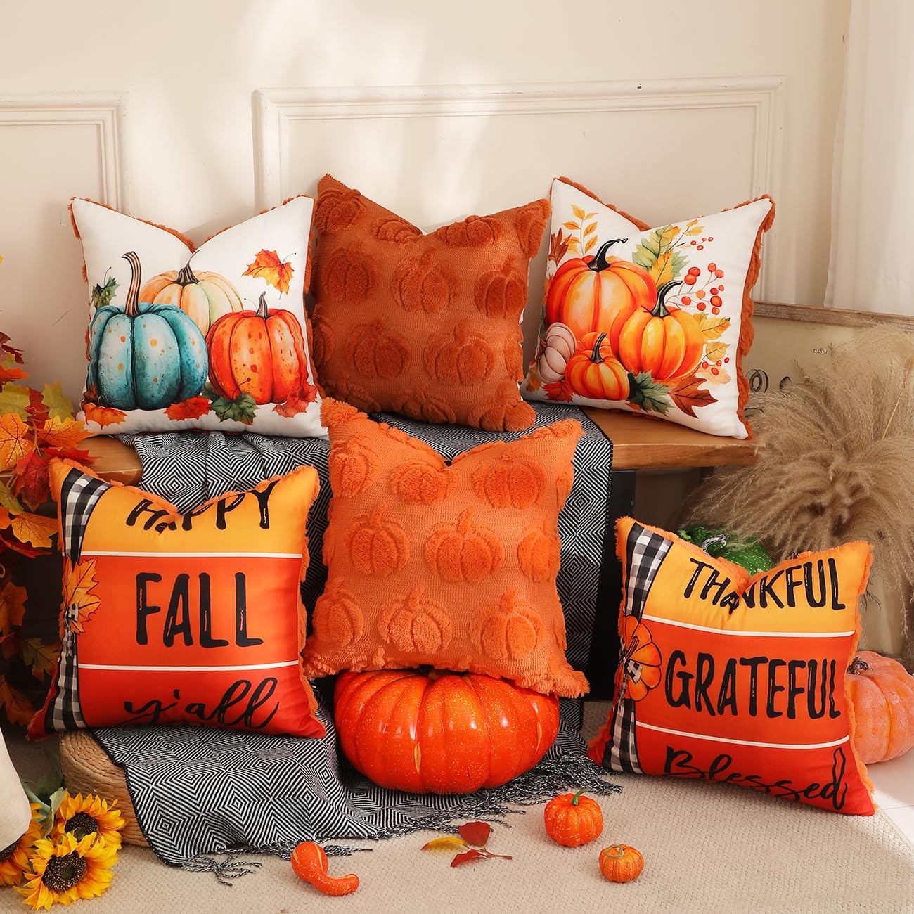TOYPOPOR Halloween Decorations, 2 Packs Double Sided Ghost Pillow Covers, Soft Fur Throw Pillow Cases Indoor outdoor Pumpkin Couch Cushion Case for Fall Autumn Bedroom Living Room Home Decor 18''x18''