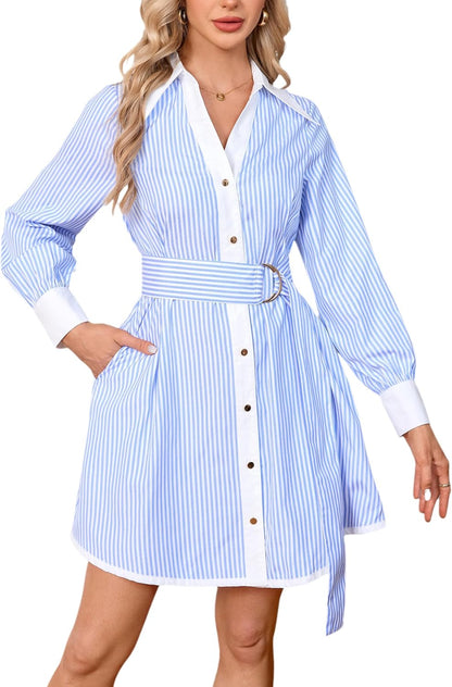 Womens Striped Long Sleeve Button Down Mini Shirt Dress V Neck Belted Dress
