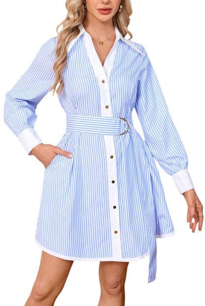 Womens Striped Long Sleeve Button Down Mini Shirt Dress V Neck Belted Dress