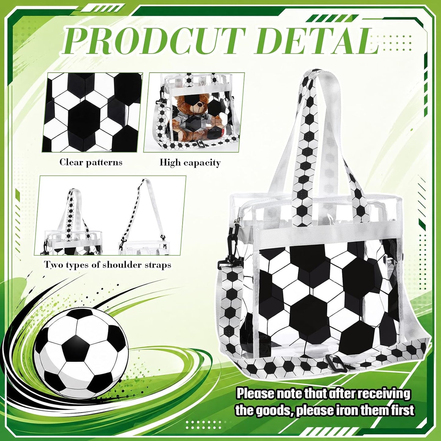 Soccer Clear Tote Gift Bag, 11.8x11.8x5.9 Inch Stadium Approved Waterproof Purse with Adjustable Strap for Women Mom
