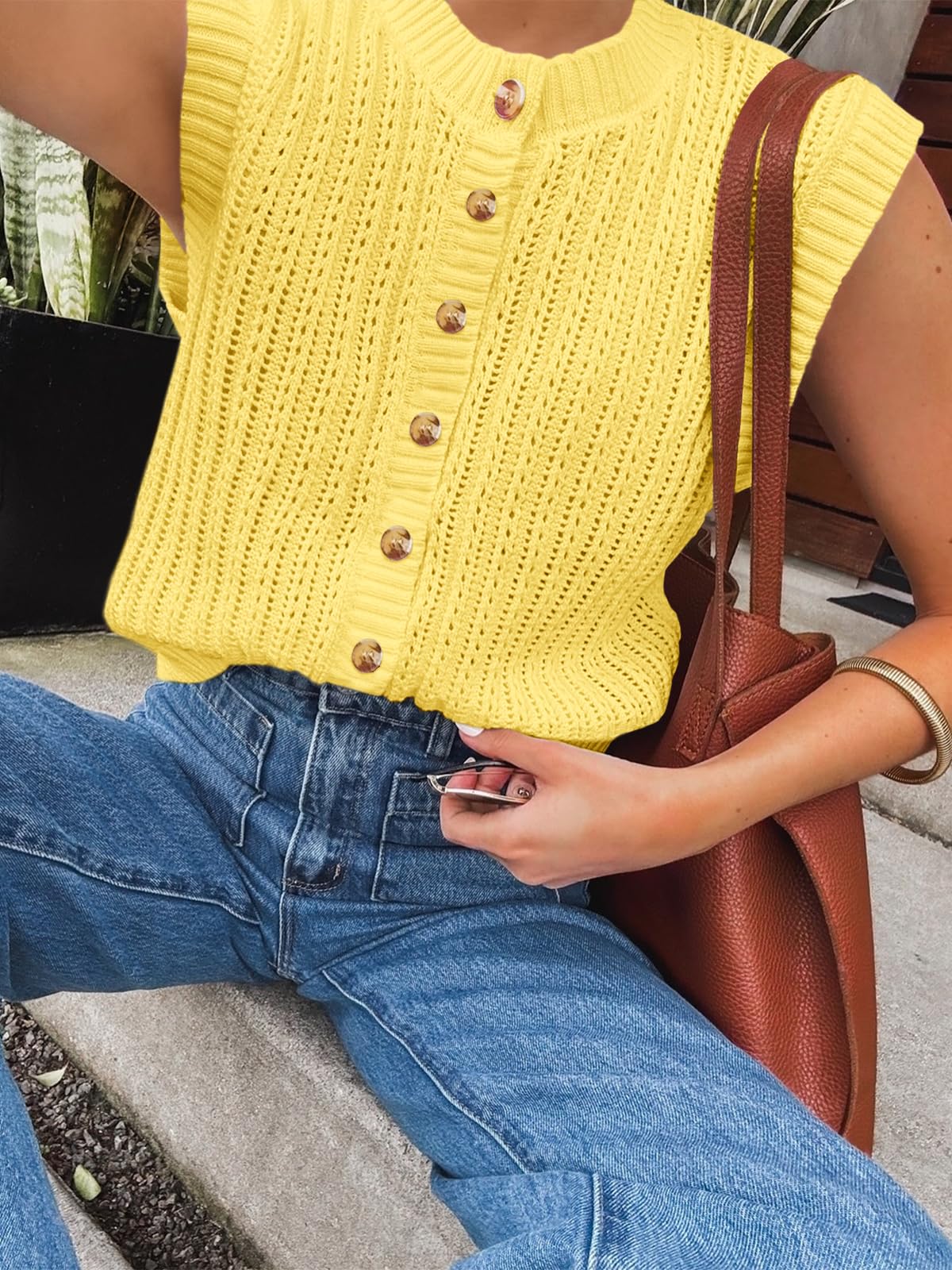 Saodimallsu Womens Sleeveless Sweater Vest Button Down Crochet Cardigan | Sweater Vest,Crochet,Summer Knit Tank Top,Sleeveless,Trendy Going Out Tops