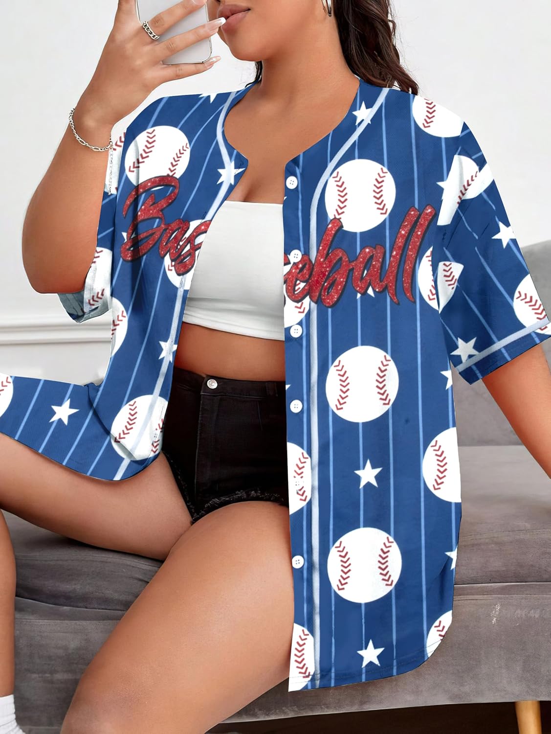 Baseball Shirt Women Baseball Jersey Graphic Button Down Shirt Game Day Short Sleeve Tops