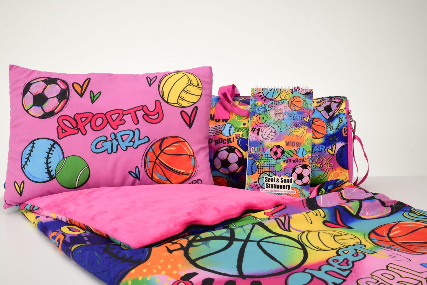 iscream Soft Cozy Fleece-Lined Fun Print Girls Sleeping Bag with Pillow | Snuggly, Integrated Handles, All Rolls Together for Ease, Machine Wash, 55" x 25", Fits Ages 4 to 10, Slumber Party Perfect