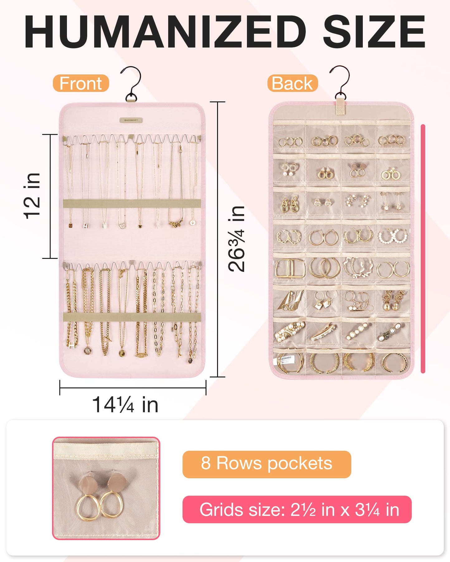 BAGSMART Hanging Jewelry Organizer Storage Roll with Hanger Metal Hooks Double-Sided Jewelry Holder for Earrings, Necklaces, Rings on Closet, Wall, Door, 1 piece, Medium, Pink