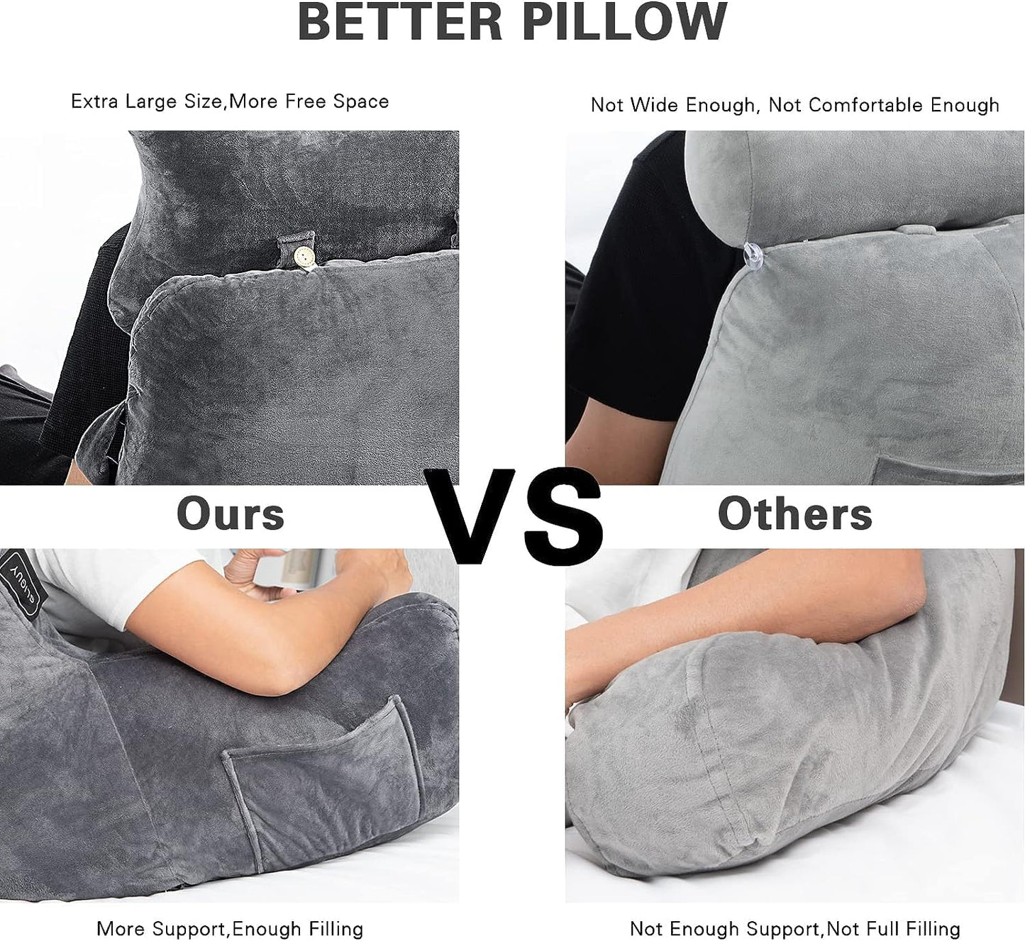 Reading Pillow-Extra Large 31" Bed Rest Pillow with Detachable Neck Roll & Arms for Sitting in Bed or Couch-Backrest Reading Pillow Adult Back Pillows for Reading,Watching TV,Gaming,Relaxing-Black