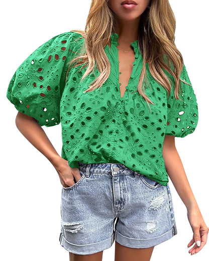 PRETTYGARDEN Womens Tops Boho Eyelet Puff Sleeve Blouse