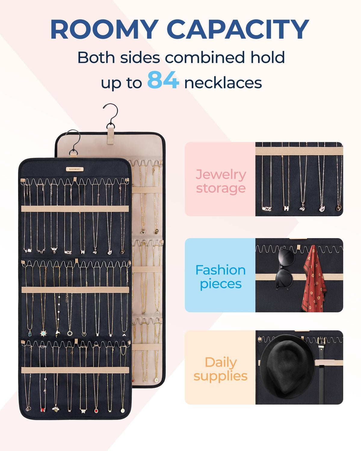 BAGSMART Hanging Jewelry Organizer Storage Roll with Hanger Metal Hooks Double-Sided Jewelry Holder for Earrings, Necklaces, Rings on Closet, Wall, Door, 1 piece, Medium, Pink