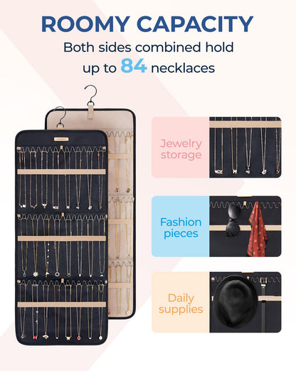 BAGSMART Hanging Jewelry Organizer Storage Roll with Hanger Metal Hooks Double-Sided Jewelry Holder for Earrings, Necklaces, Rings on Closet, Wall, Door, 1 piece, Medium, Pink