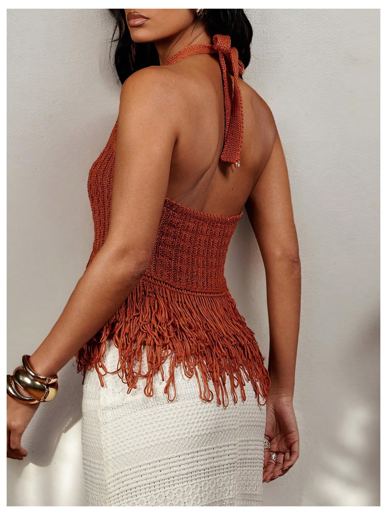 SweatyRocks Women's Boho Fringe Halter Tops Sleeveless Open Back Summer Knit Crochet Tank Top