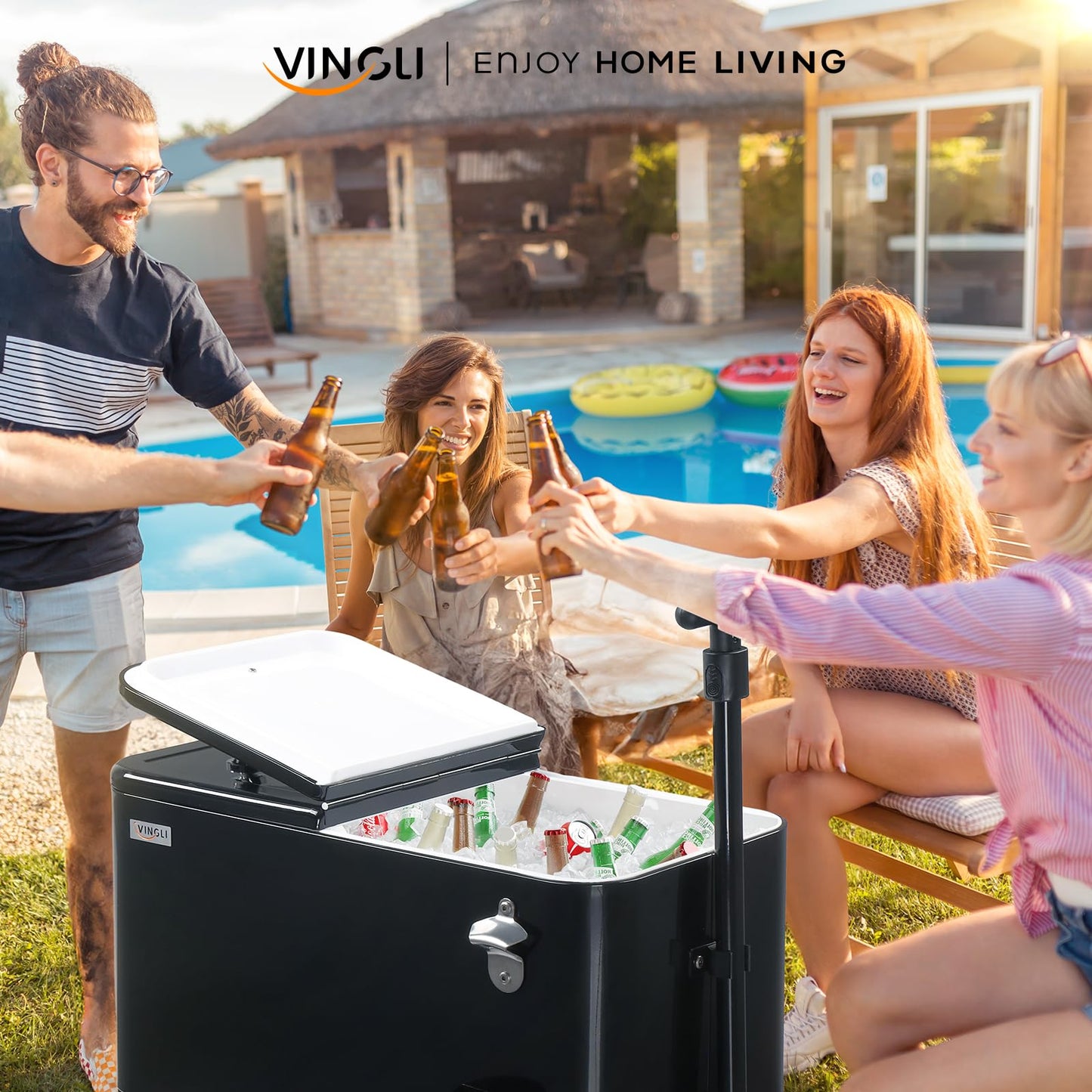 VINGLI 80 Quart Wagon Rolling Cooler Ice Chest, w/Long Handle and 10" Wheels, Portable Beach Patio Party Bar Cold Drink Beverage, Outdoor Park Cart on Wheels