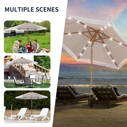 GDY 7.5ft Tassel Patio Umbrella and Matching Base, Outdoor Table Umbrella with 18 LED Lights,Market Umbrella with 6 Sturdy Ribs, with Push Button Tilt and Crank, Bright White