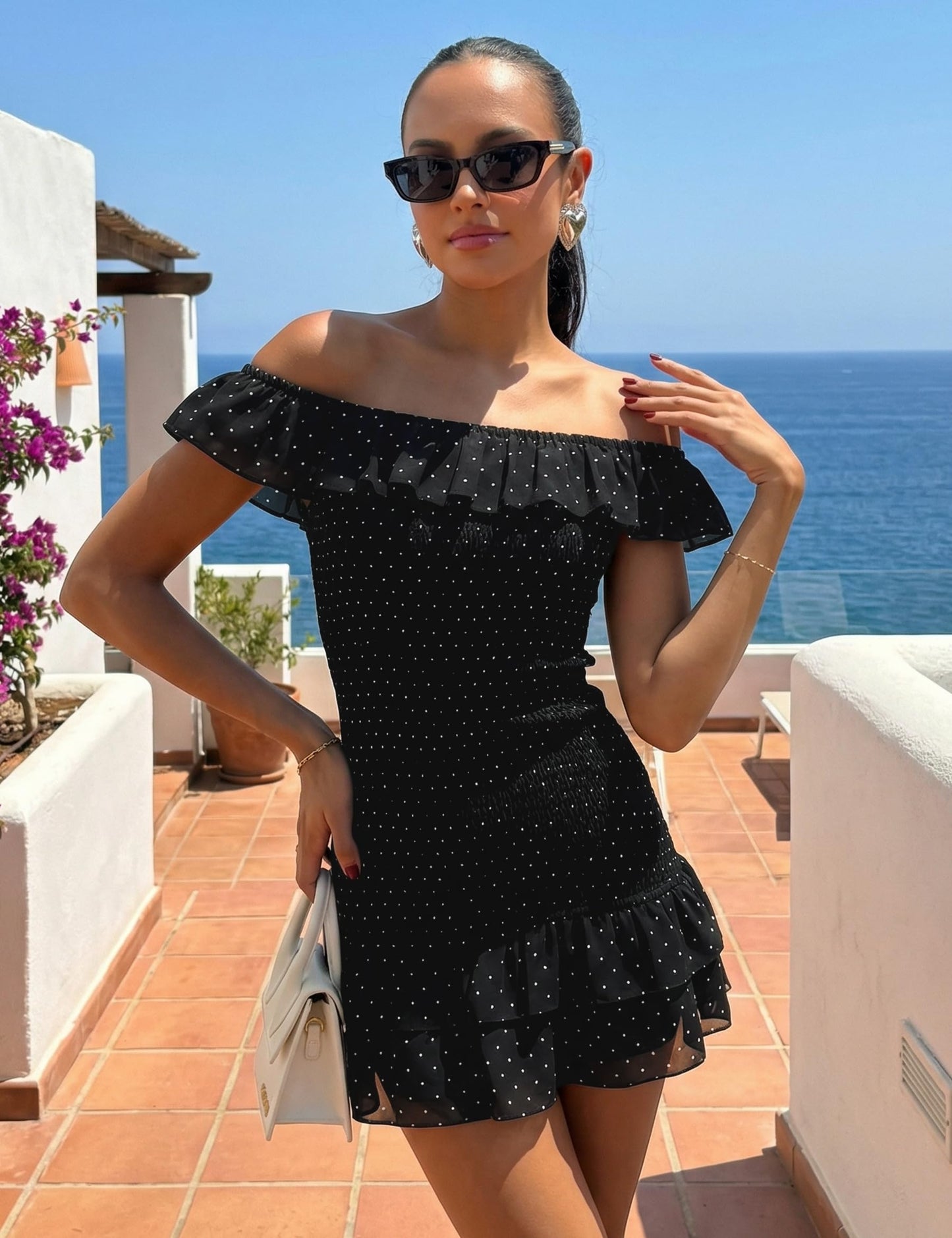 FOMELY Women's Polka Dot Off Shoulder Mini Dress Summer Ruffle Hem Smocked Bodycon Vacation Short Dresses 2026