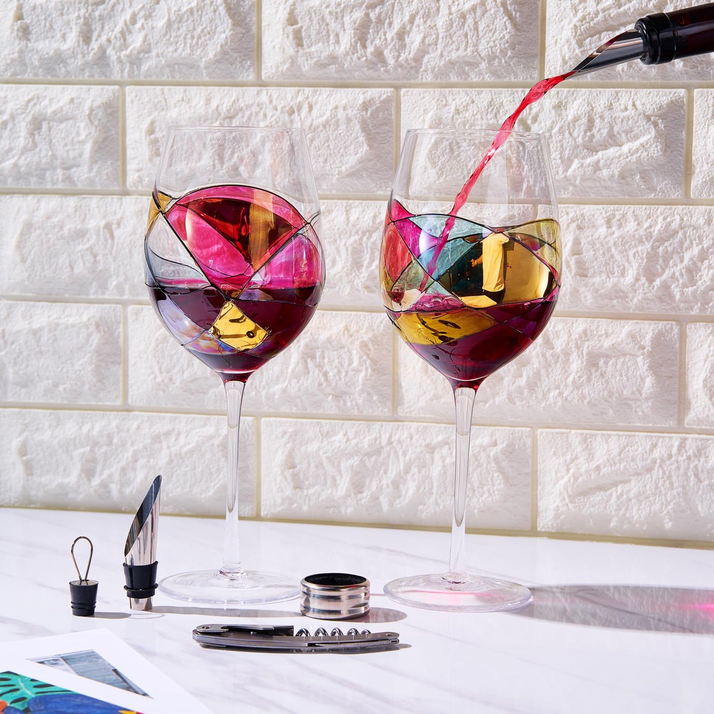 Artisanal Hand Painted Stemless Wine Glasses - Everyday Celebrations, Gift Idea for Wife, Mom, Valentine, Holiday Renaissance Romantic Stain-glassed Windows, 2 Set - Gift Idea Birthday, Housewarming