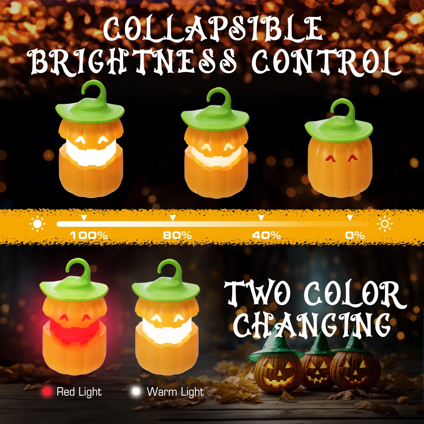 EverBrite 6-Pack Halloween Pumpkin Lantern, Collapsible Jack O Lantern Pumpkins with Lanyard, Halloween Party Favors, Light up Pumpkin Outdoor for Halloween Party Decoration, Battery Included
